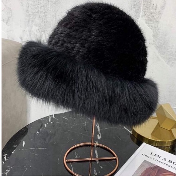 Winter Black Mink Fox Fur Hat NEW